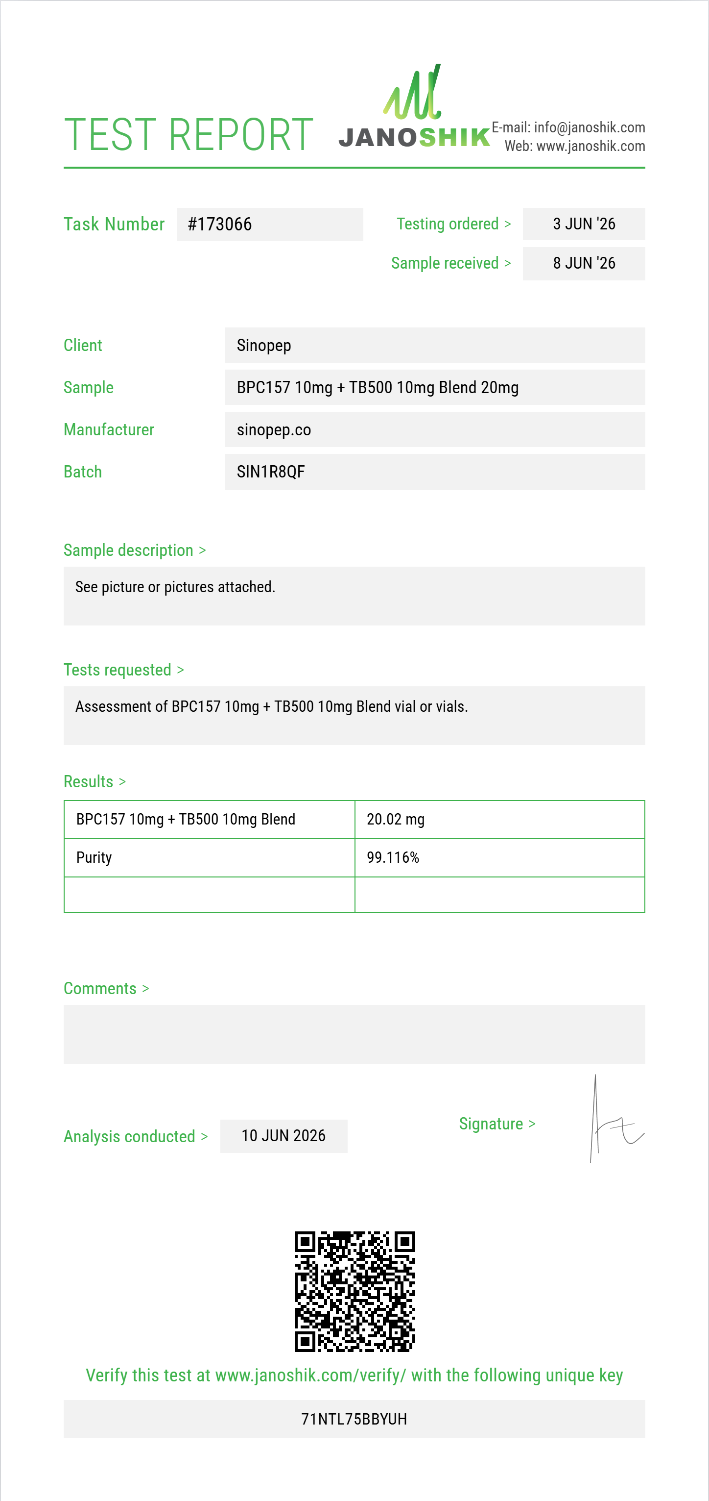 BPC157 10mg + TB500 10mg Blend Purity (HPLC) report by Janoshik Analytical