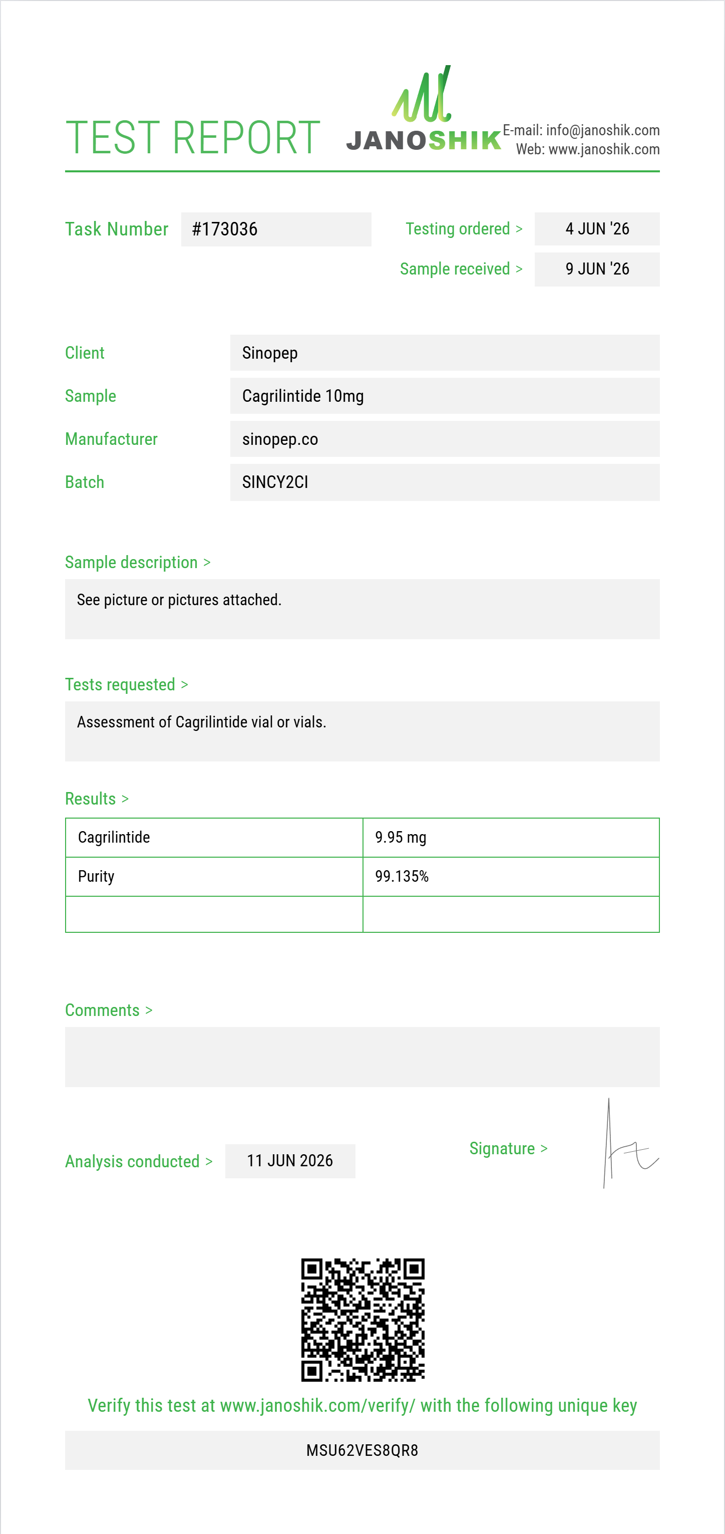 Cagrilintide Purity (HPLC) report by Janoshik Analytical