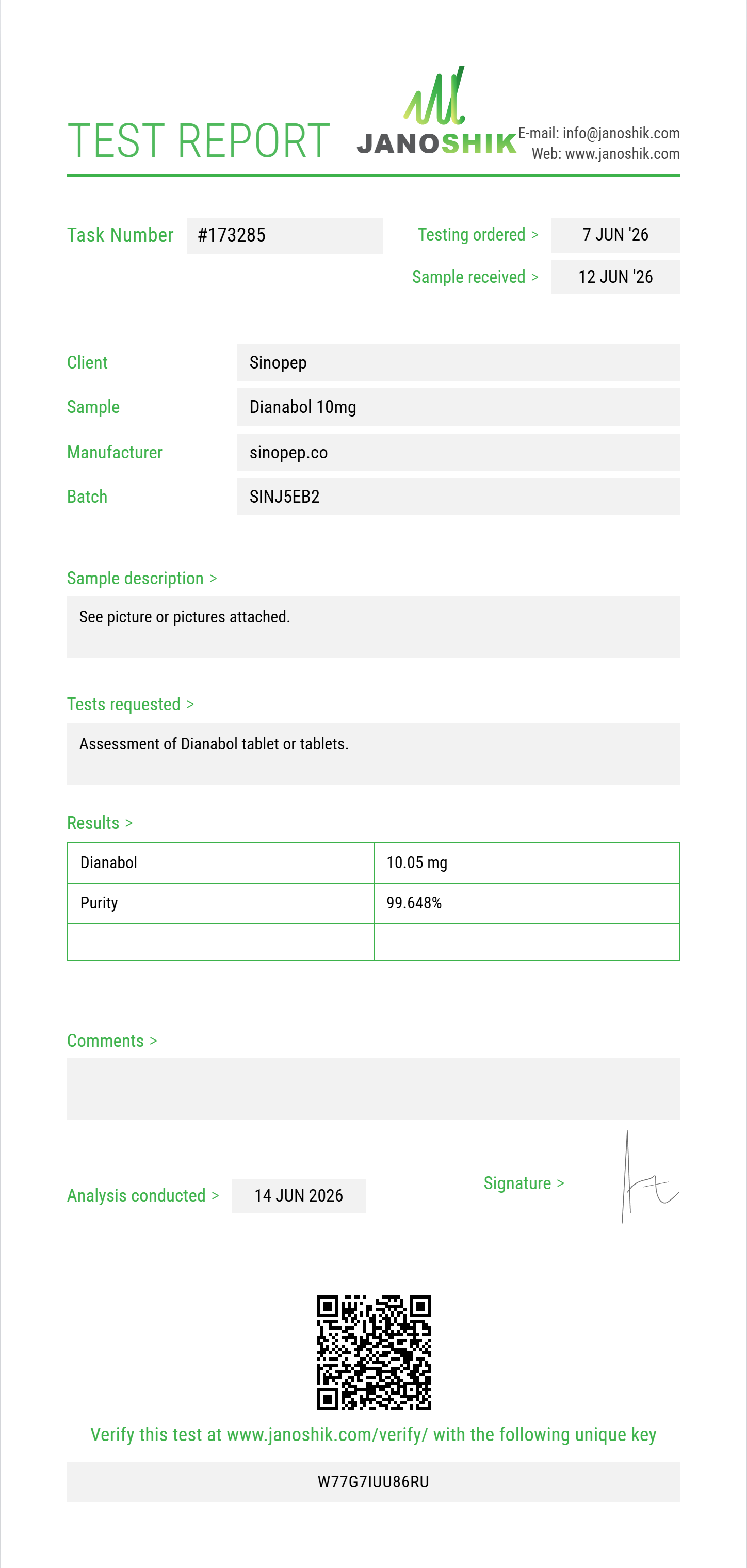 Dianabol Purity (HPLC) report by Janoshik Analytical