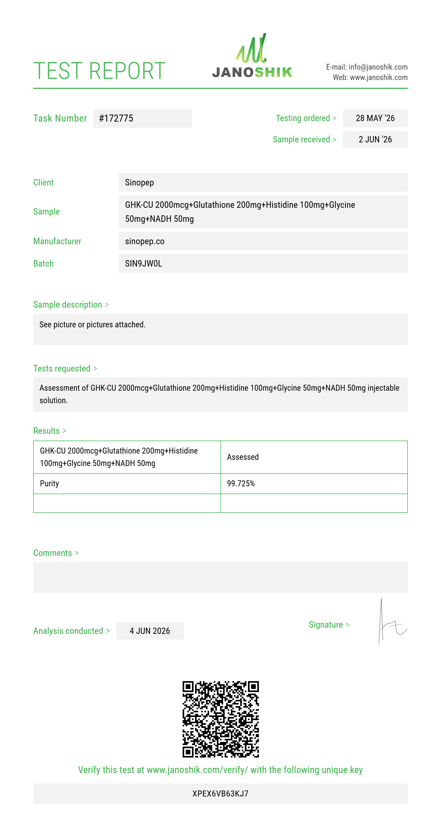 GHK-CU 2000mcg+Glutathione 200mg+Histidine 100mg+Glycine 50mg+NADH 50mg Purity (HPLC) report by Janoshik Analytical