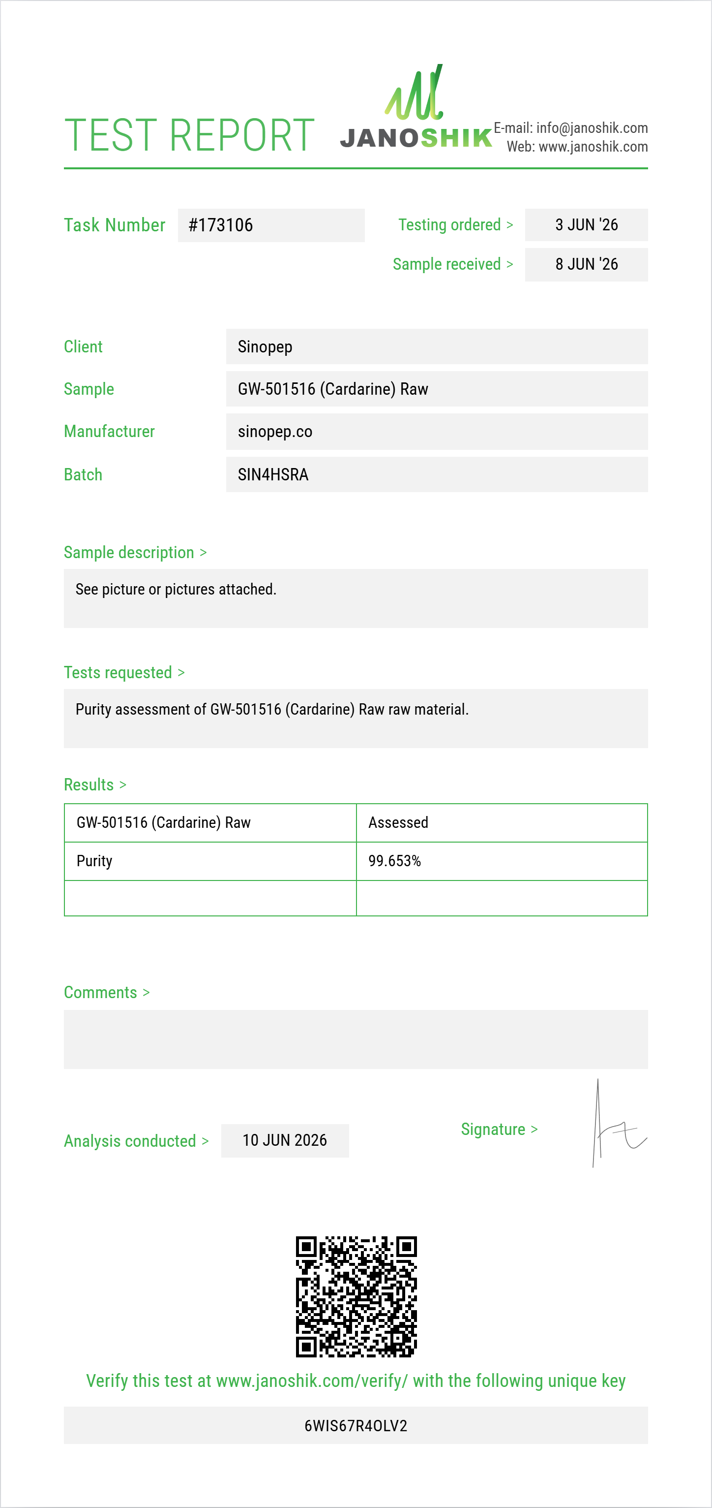 GW-501516 (Cardarine) Raw Purity (HPLC) report by Janoshik Analytical