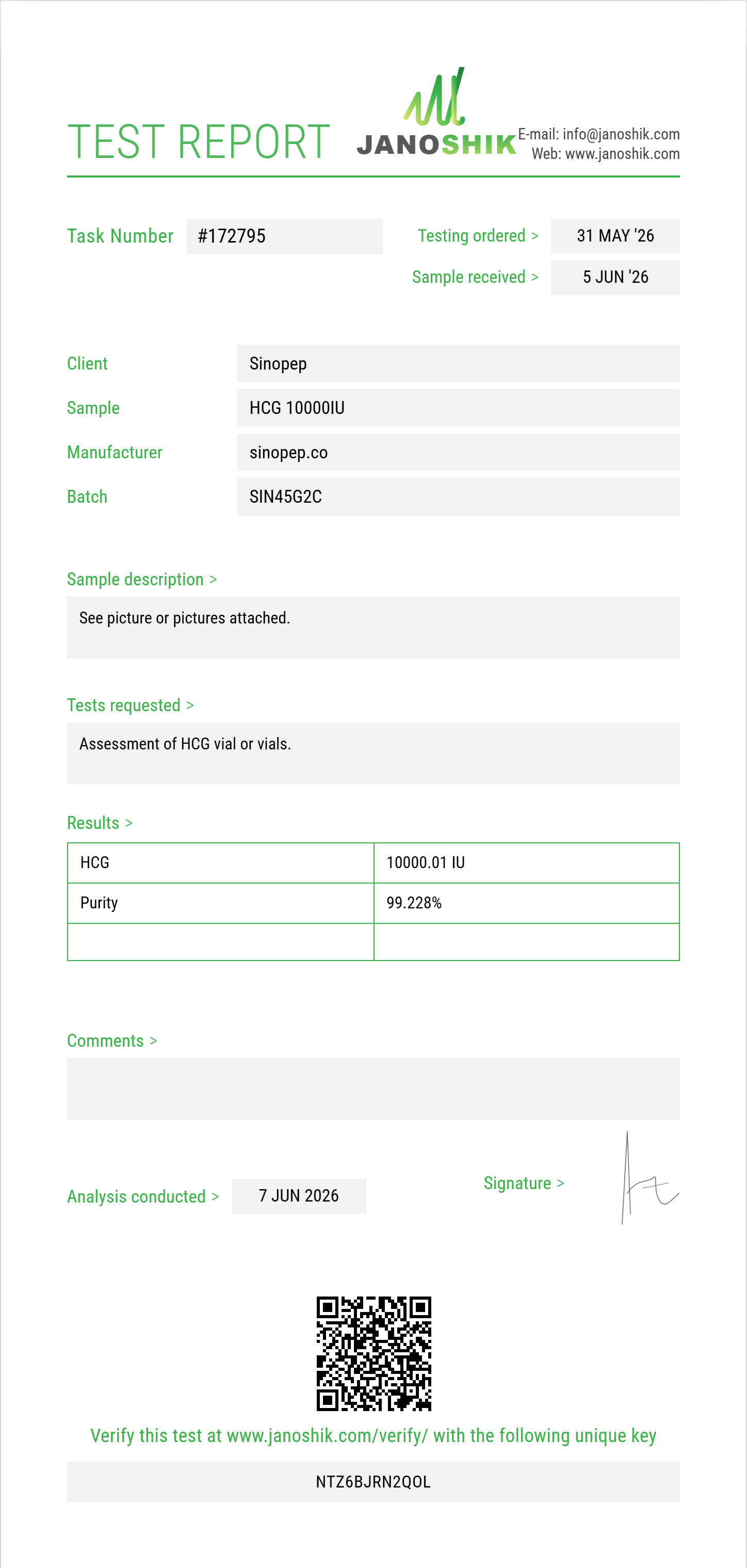 HCG Purity (HPLC) report by Janoshik Analytical