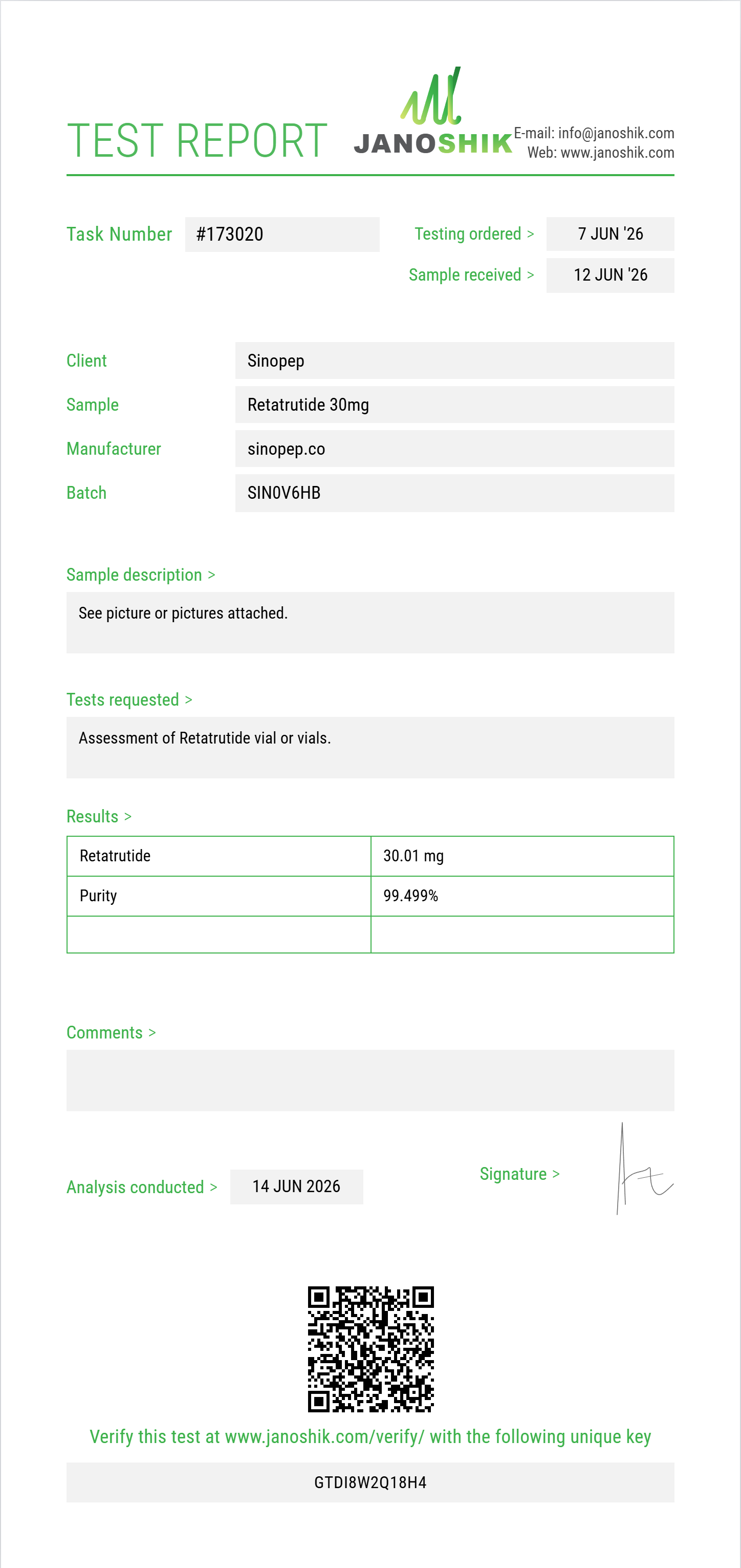 Retatrutide 30mg Pen Kit Purity (HPLC) report by Janoshik Analytical