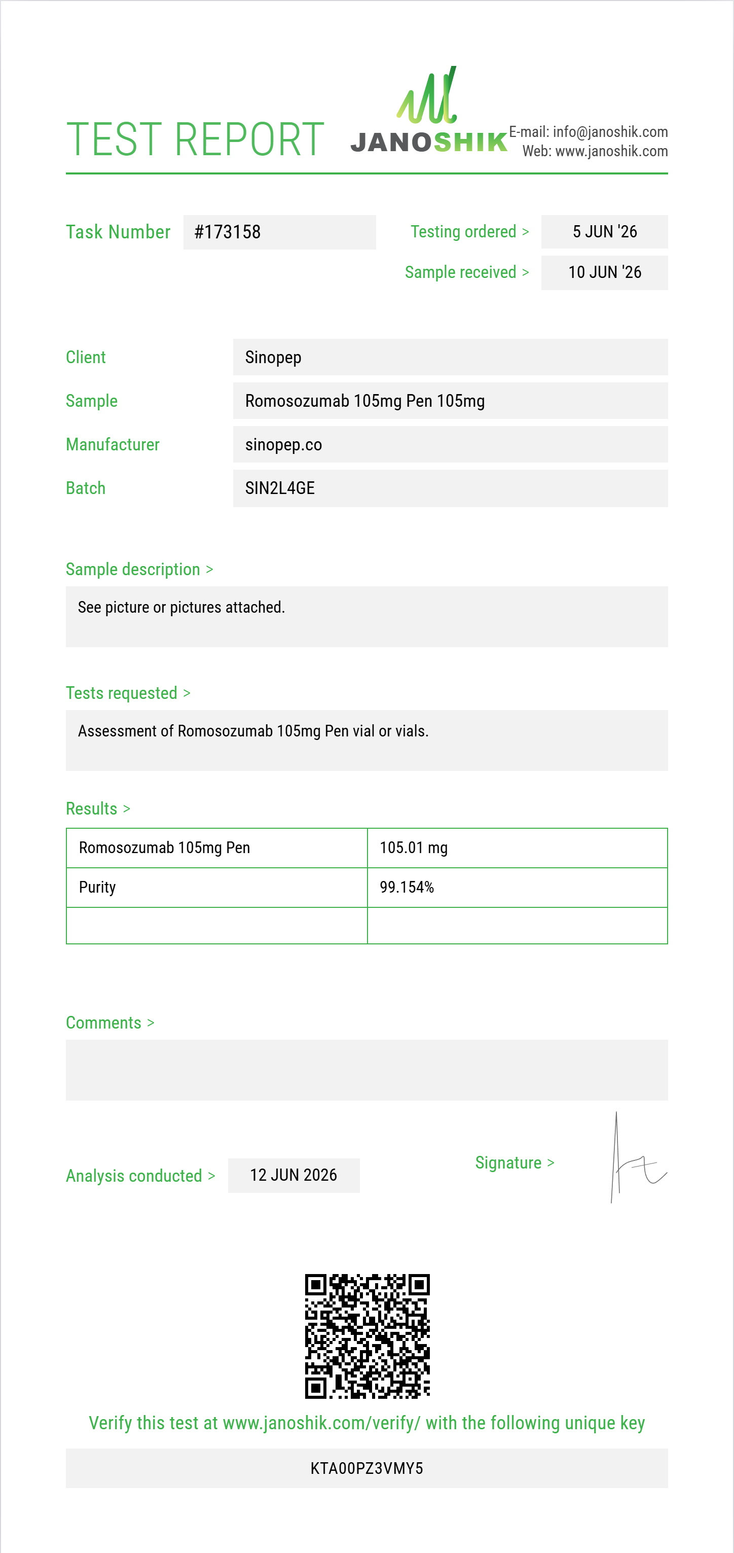 Romosozumab Purity (HPLC) report by Janoshik Analytical