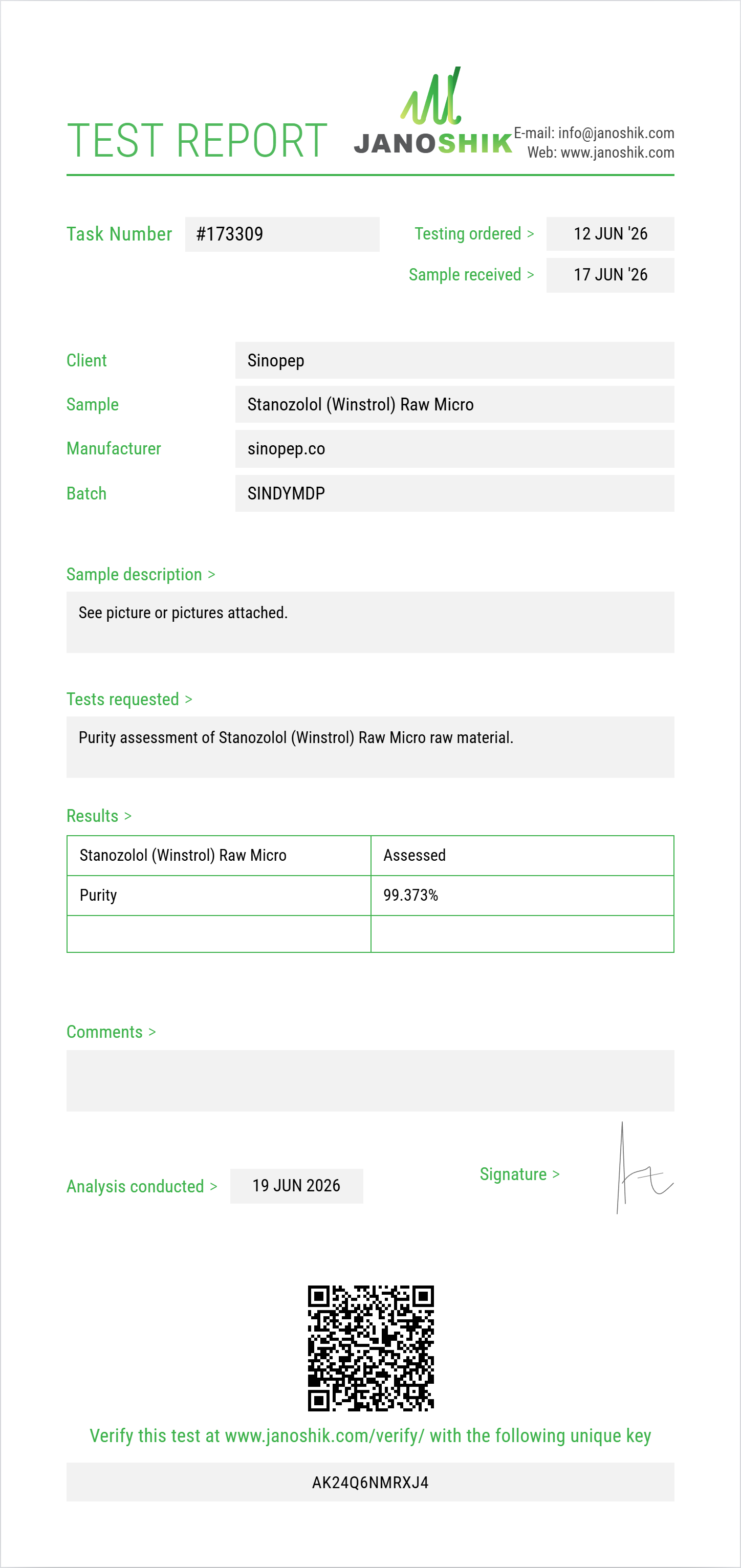 Stanozolol (Winstrol) Raw Purity (HPLC) report by Janoshik Analytical