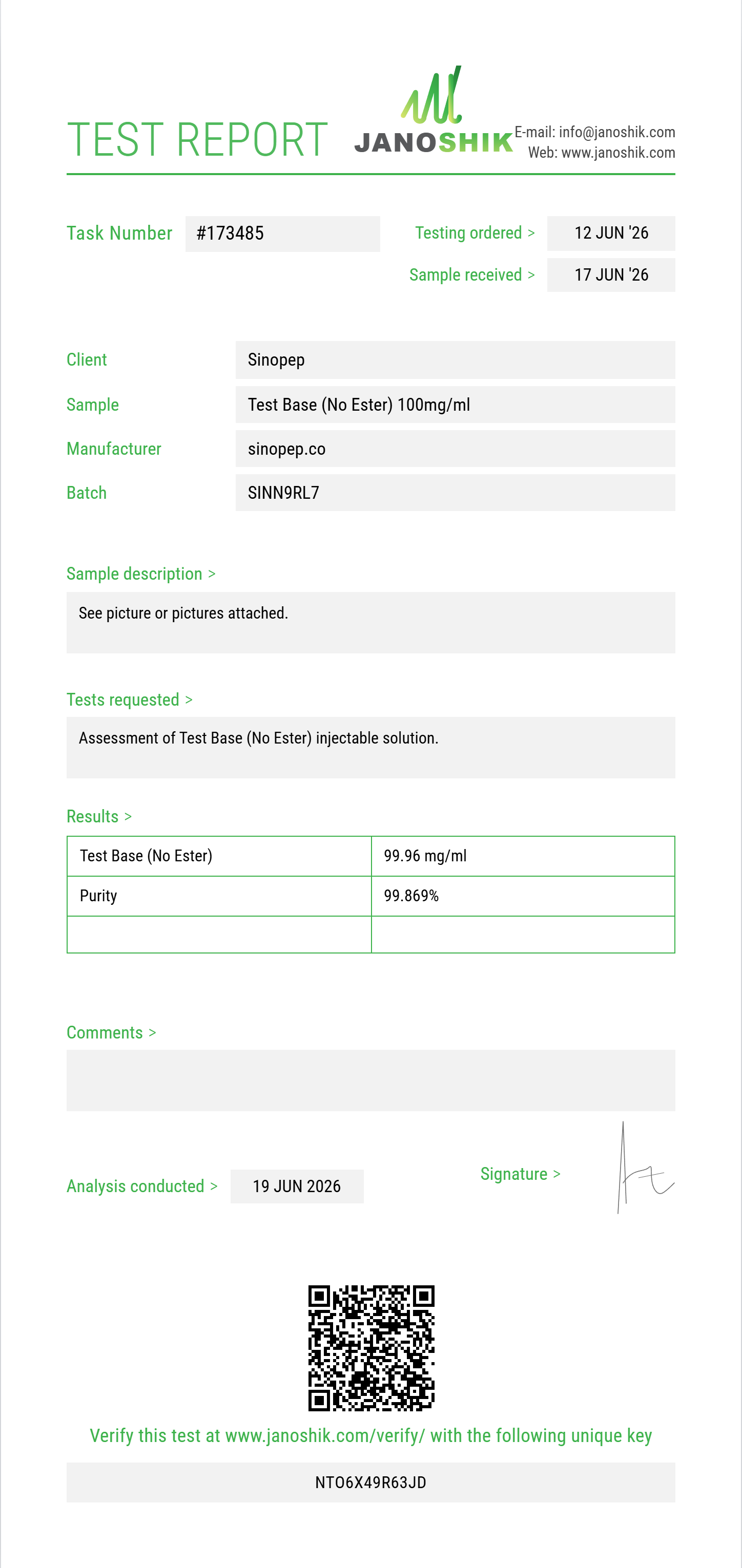 Test Base (No Ester) Purity (HPLC) report by Janoshik Analytical
