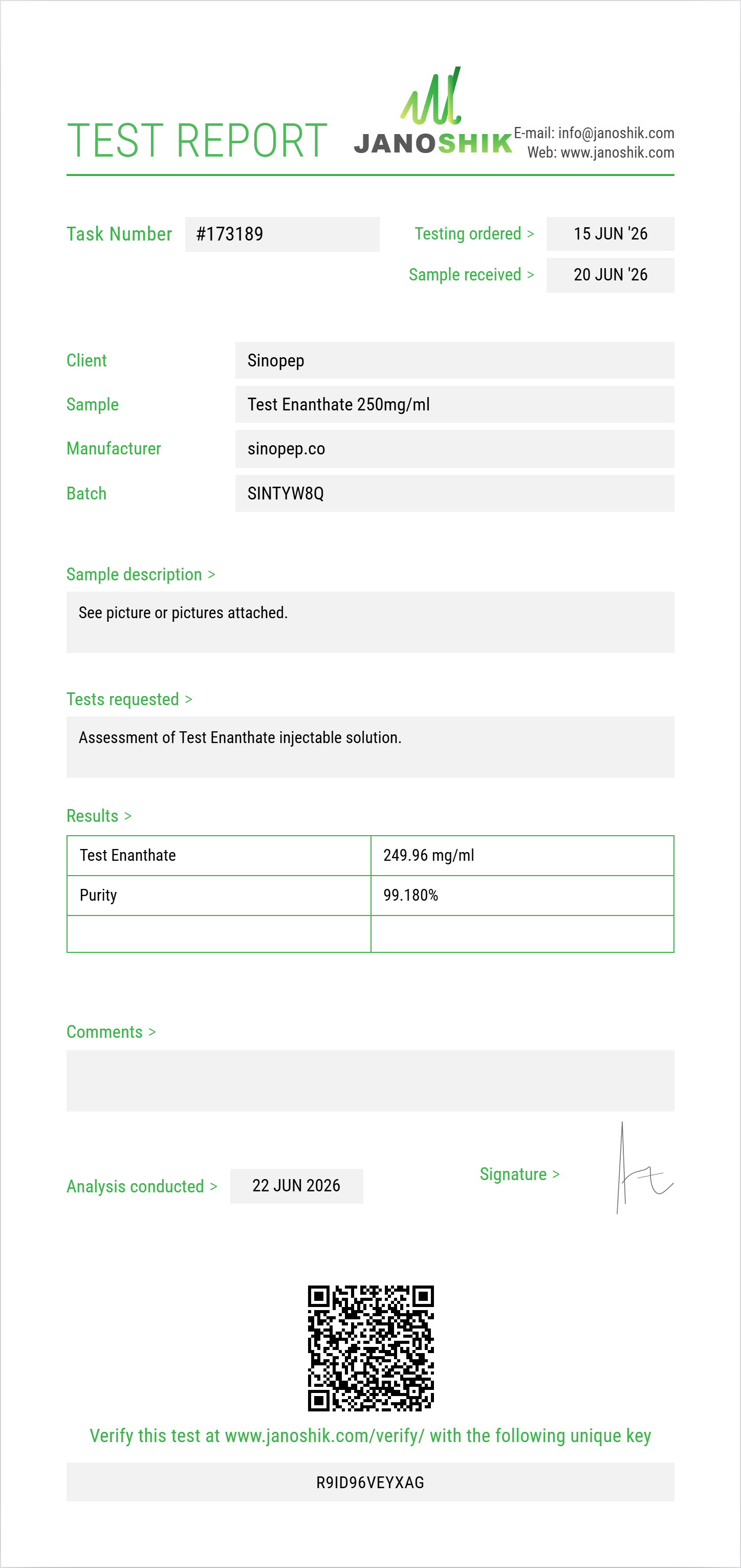 Test Enanthate Purity (HPLC) report by Janoshik Analytical