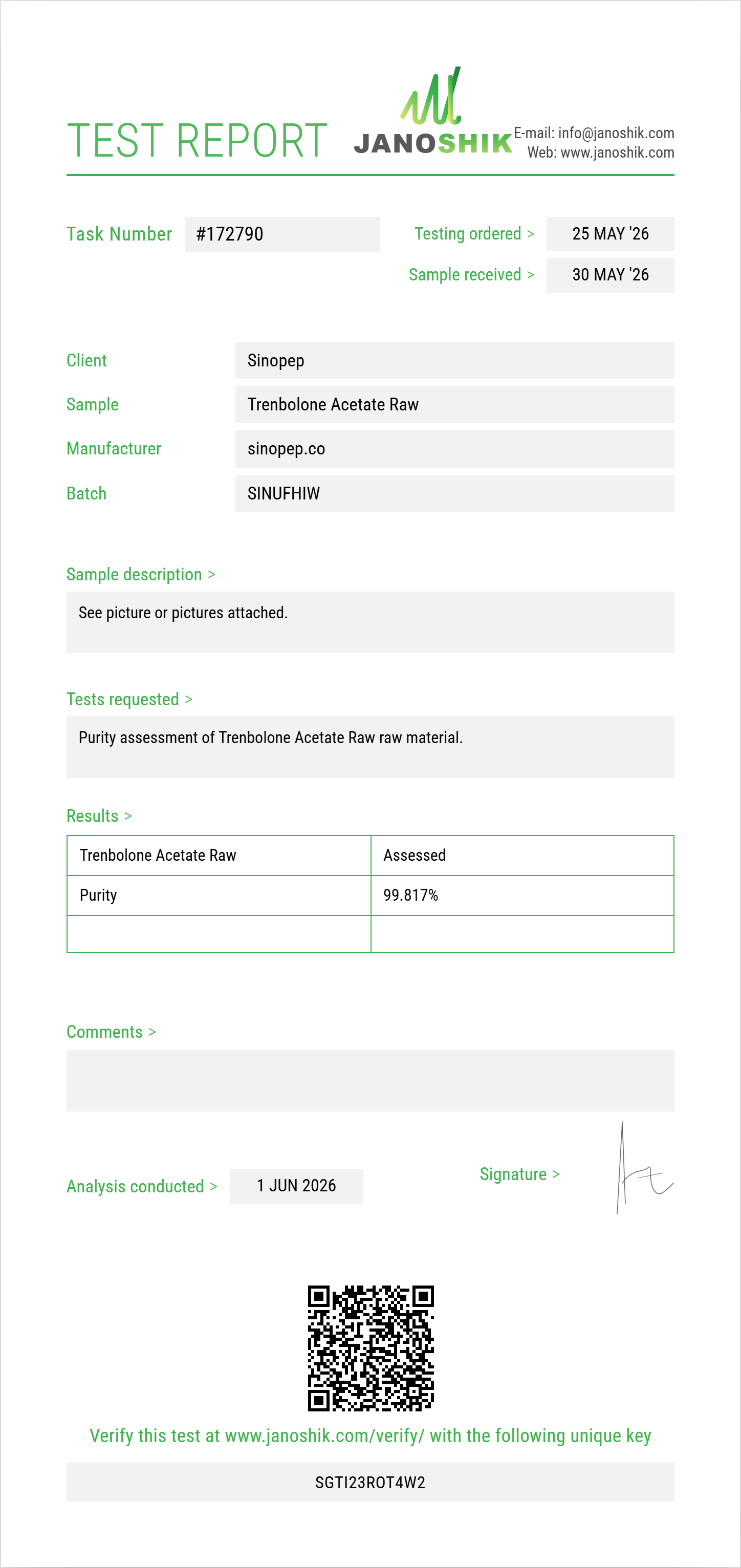 Trenbolone Acetate Raw Purity (HPLC) report by Janoshik Analytical