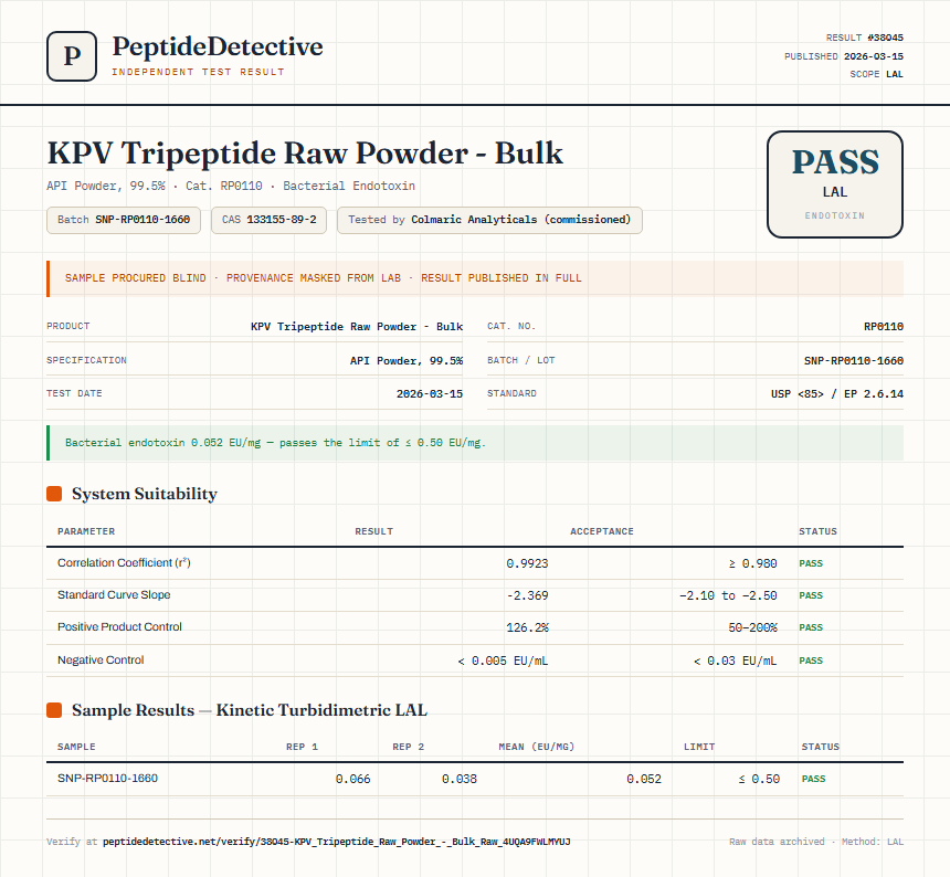 KPV Tripeptide Raw Powder - Bulk Endotoxin report by PeptideDetective