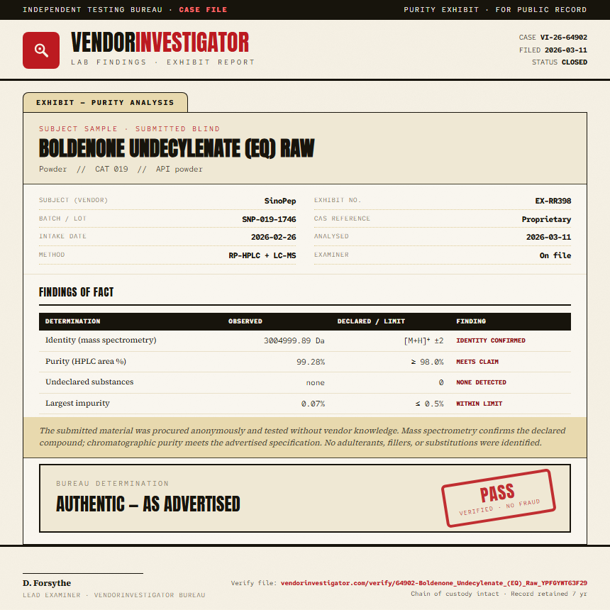 Boldenone Undecylenate (EQ) Raw Purity (HPLC) report by VendorInvestigator
