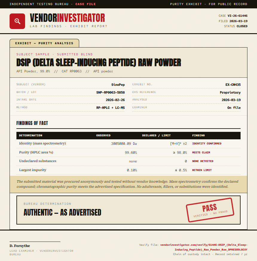 DSIP (Delta Sleep-Inducing Peptide) Raw Powder Purity (HPLC) report by VendorInvestigator