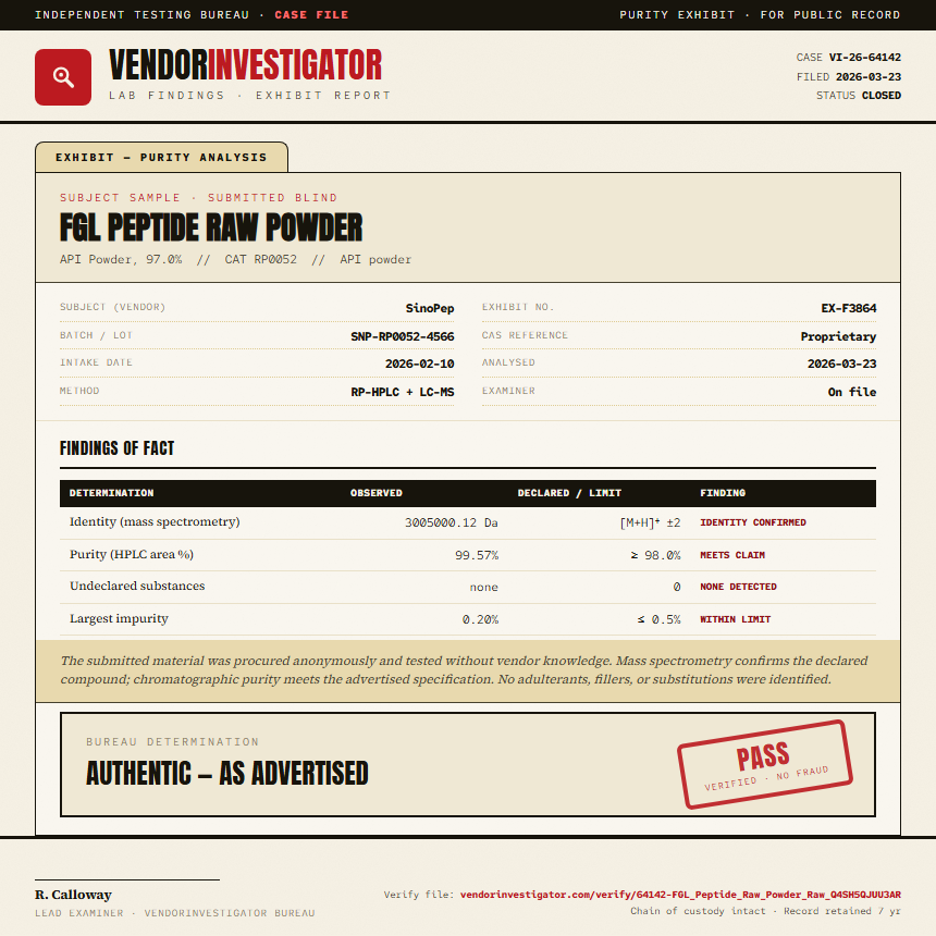 FGL Peptide Raw Powder Purity (HPLC) report by VendorInvestigator