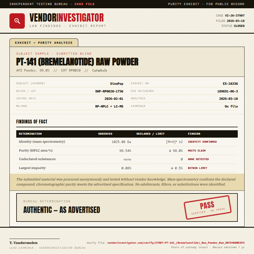 PT-141 (Bremelanotide) Raw Powder Purity (HPLC) report by VendorInvestigator