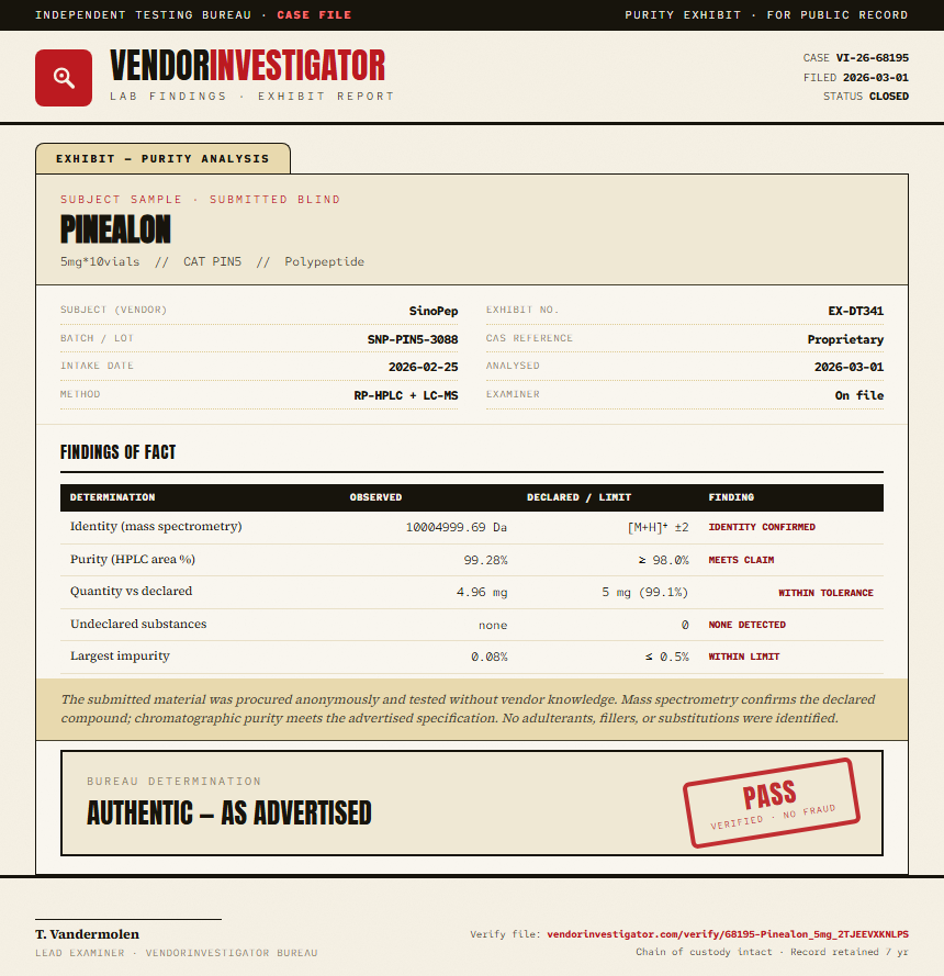 Pinealon Purity (HPLC) report by VendorInvestigator
