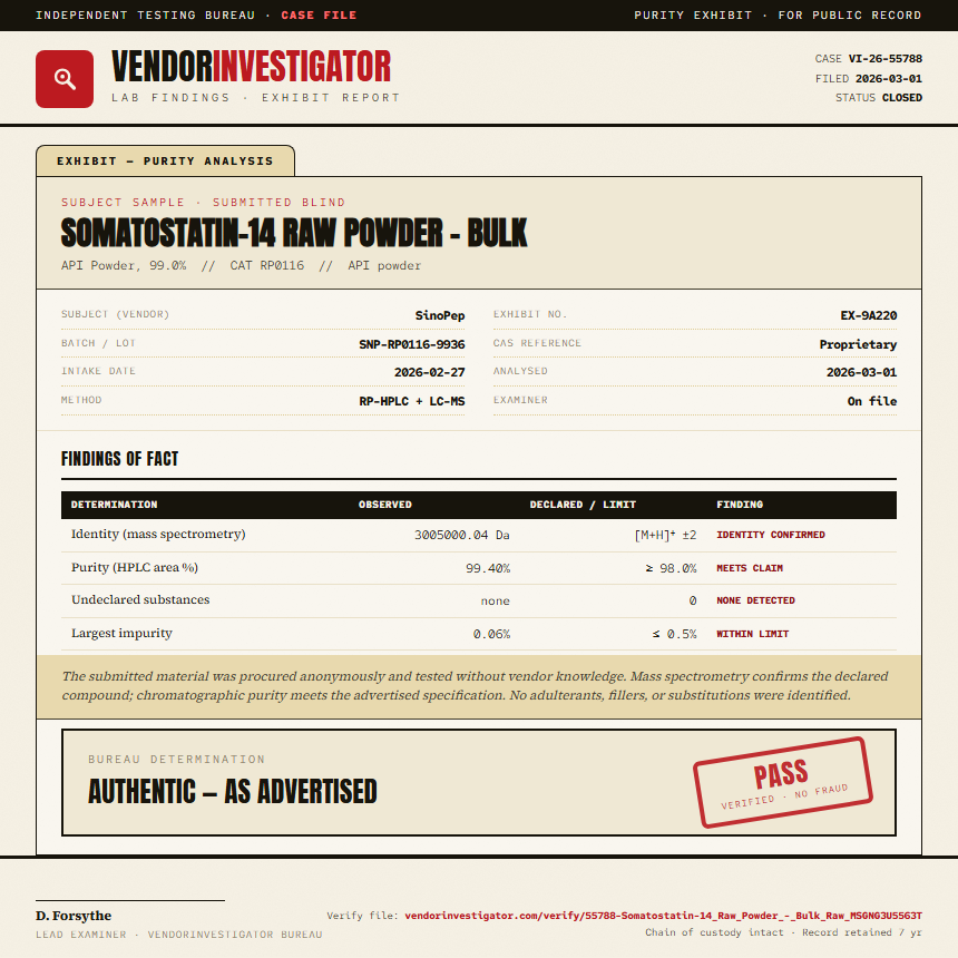 Somatostatin-14 Raw Powder - Bulk Purity (HPLC) report by VendorInvestigator