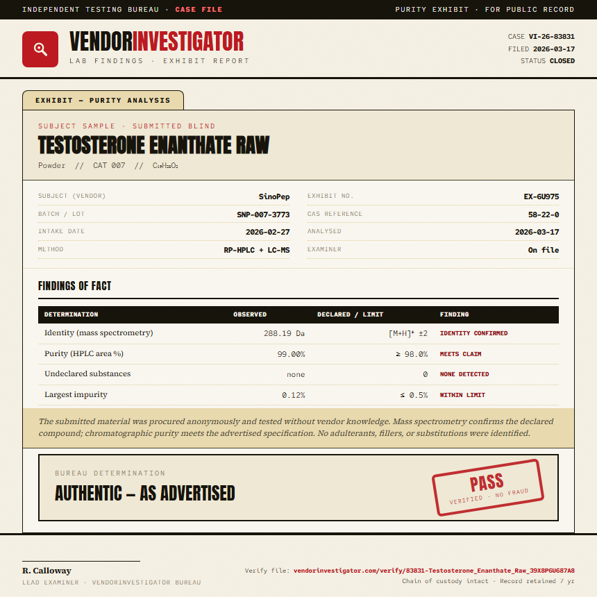 Testosterone Enanthate Raw Purity (HPLC) report by VendorInvestigator