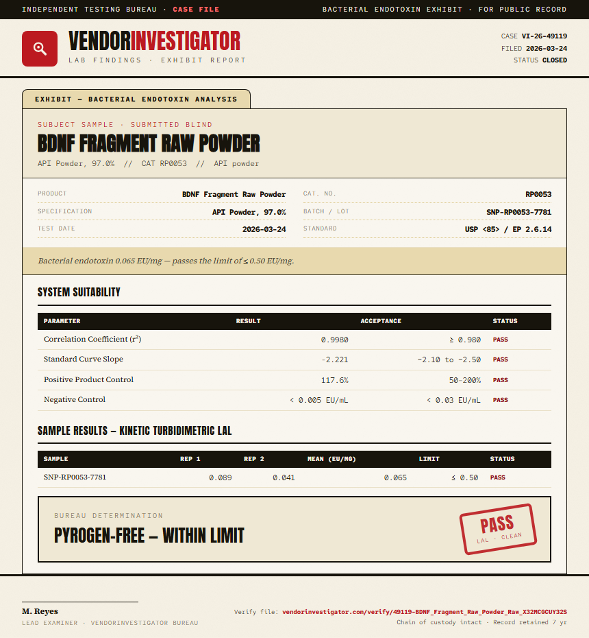 BDNF Fragment Raw Powder Endotoxin report by VendorInvestigator