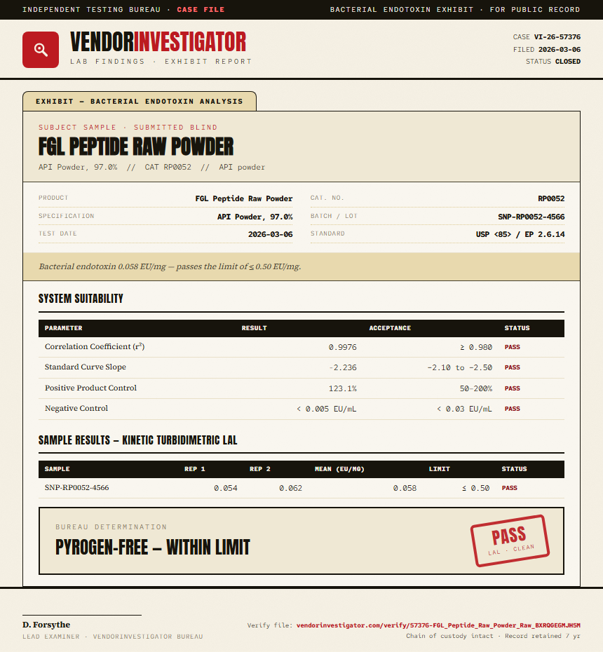 FGL Peptide Raw Powder Endotoxin report by VendorInvestigator