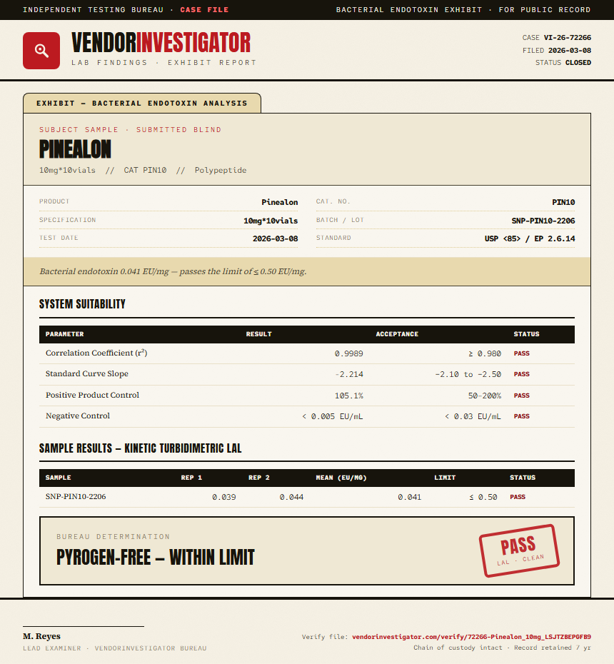 Pinealon Endotoxin report by VendorInvestigator