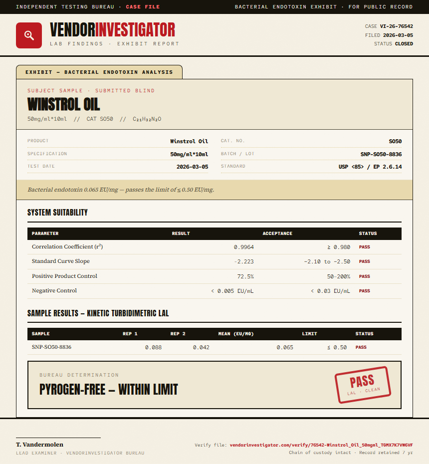 Winstrol Oil Endotoxin report by VendorInvestigator