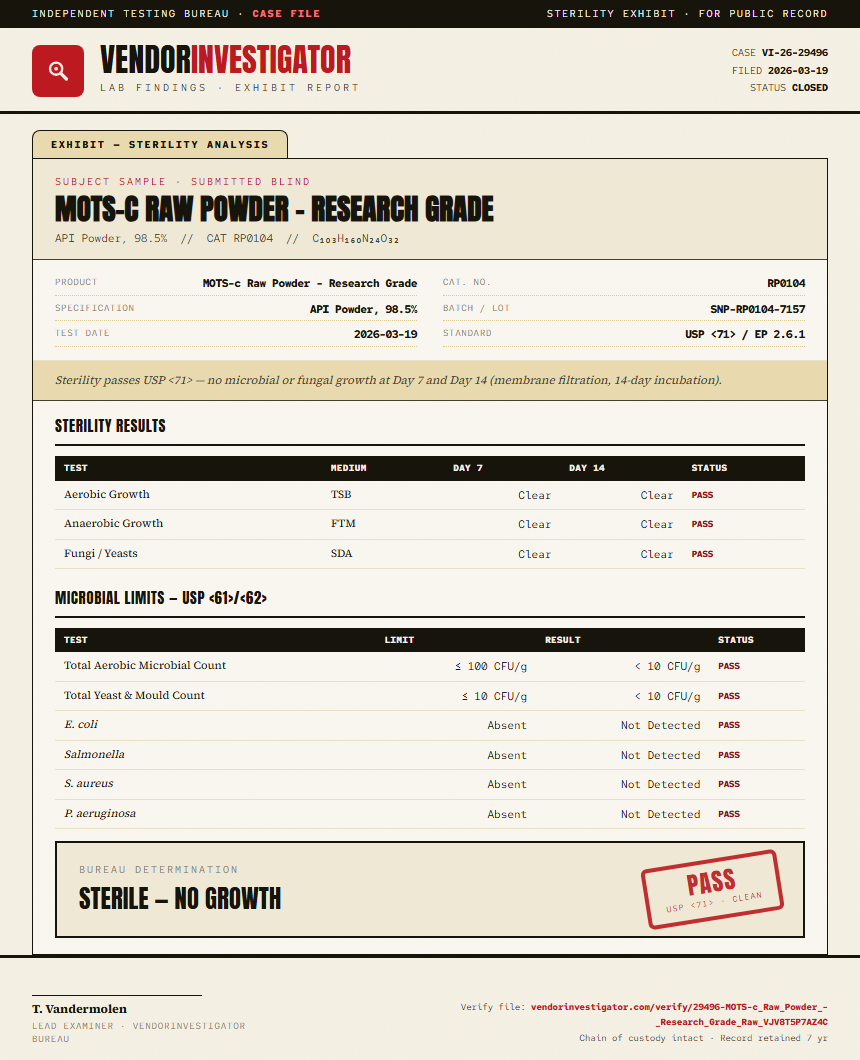 MOTS-c Raw Powder - Research Grade Sterility report by VendorInvestigator